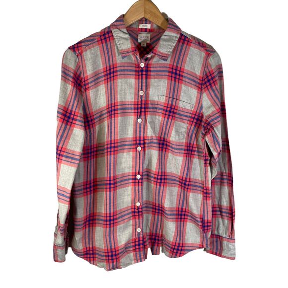 J Crew Women's Boy Fit Flannel Button Up Top Cotton Plaid Gray Pink Sz Medium - Picture 1 of 8